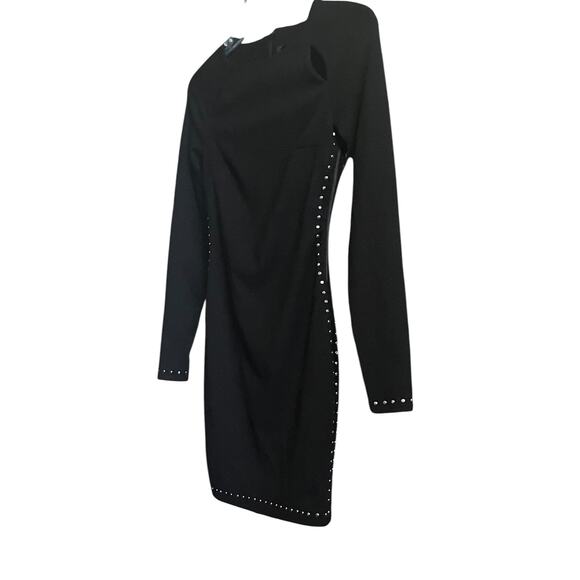 GUESS LONG SLV RND NECK MINI BODYCON DRESS, WOMENS, XS, BLACK & SILVER, ZIPPERS - Picture 3 of 12